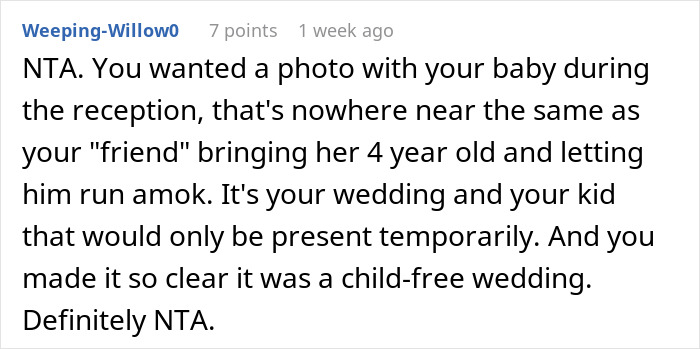 Comment defending bride for baby at child-free wedding.