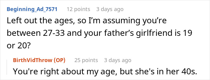 Screenshot of a Reddit comment thread discussing the age difference between a person and their father's girlfriend.