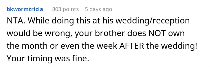 Screenshot of a comment discussing appropriate timing for a brother's wedding engagement.