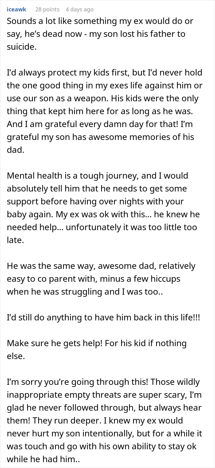 Text about a father's struggles, mental health, and co-parenting challenges, with emphasis on getting help.