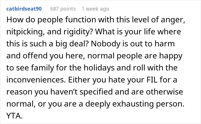 "Comment listing reasons a couple's holiday season turns sour due to FIL's arrival time disagreement.