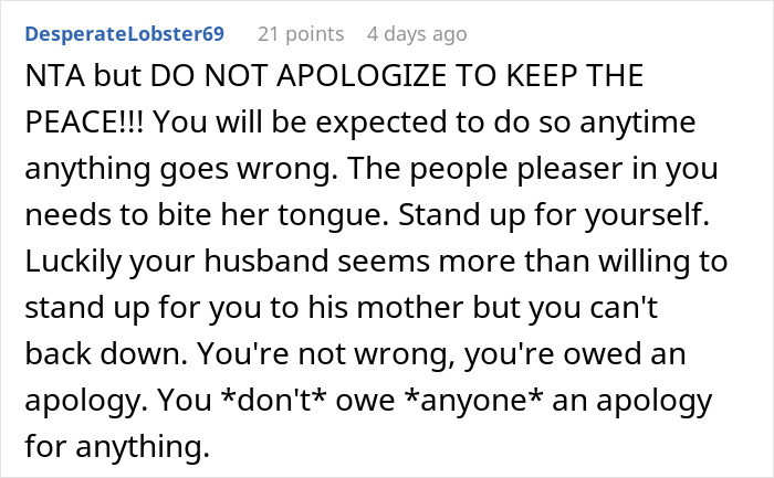 Reddit comment discussing family conflict and standing up to a mother-in-law after Thanksgiving tensions.