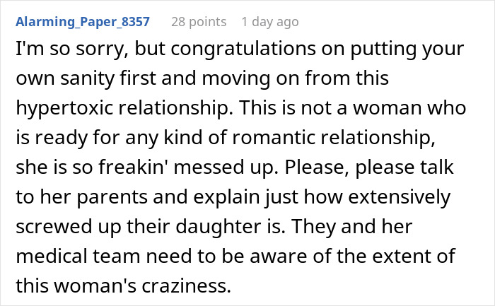 A Reddit user comments on a toxic relationship, relating to girlfriend baby drama.