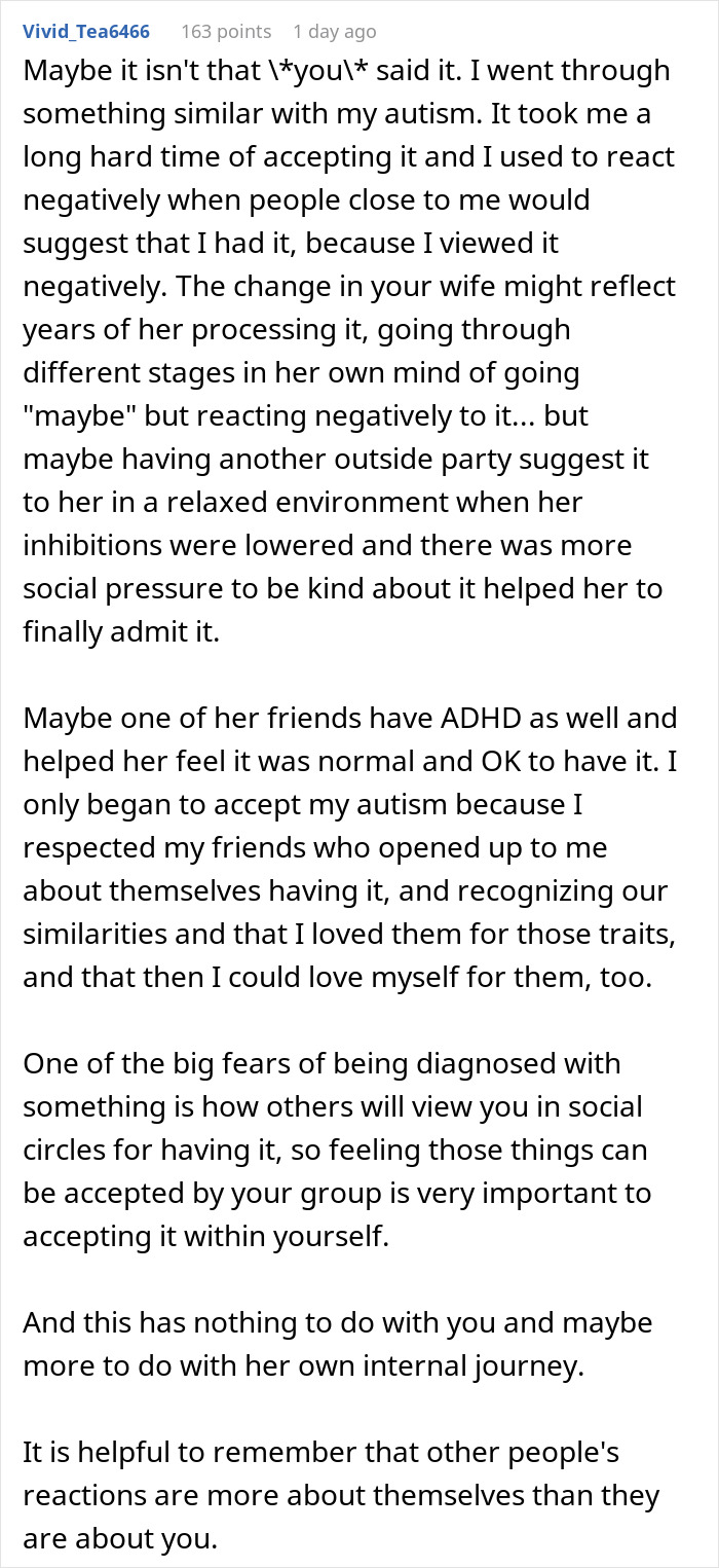 Reddit comment discussing personal acceptance and reactions in marriage over seven years.