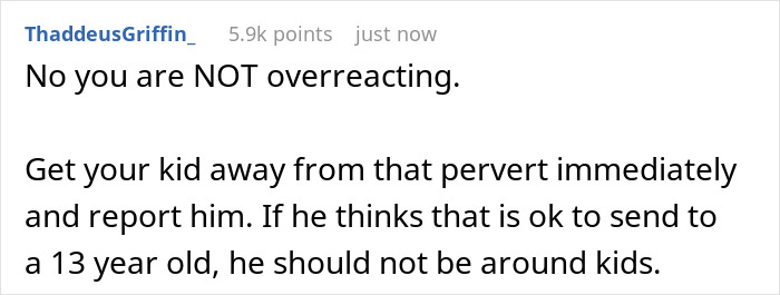 Reddit comment advises reporting a coach who sent inappropriate texts to a 13-year-old.