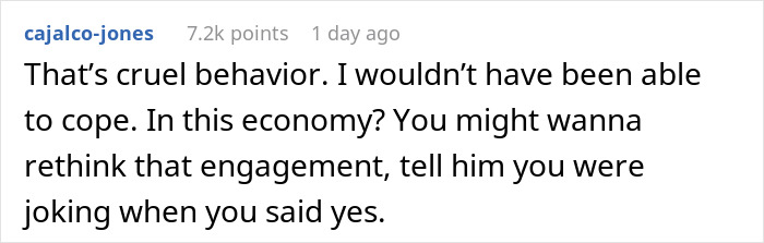 Comment about a prank involving a fiancé and house, discussing economic concerns and engagement.