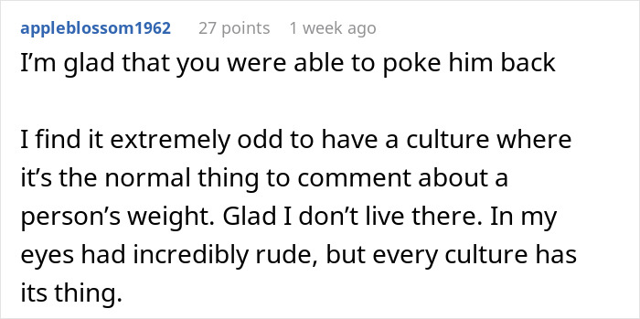 Forum comment discussing cultural norms related to fat-shaming and weight comments.