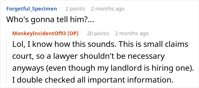 Reddit comment about landlord and small claims court.