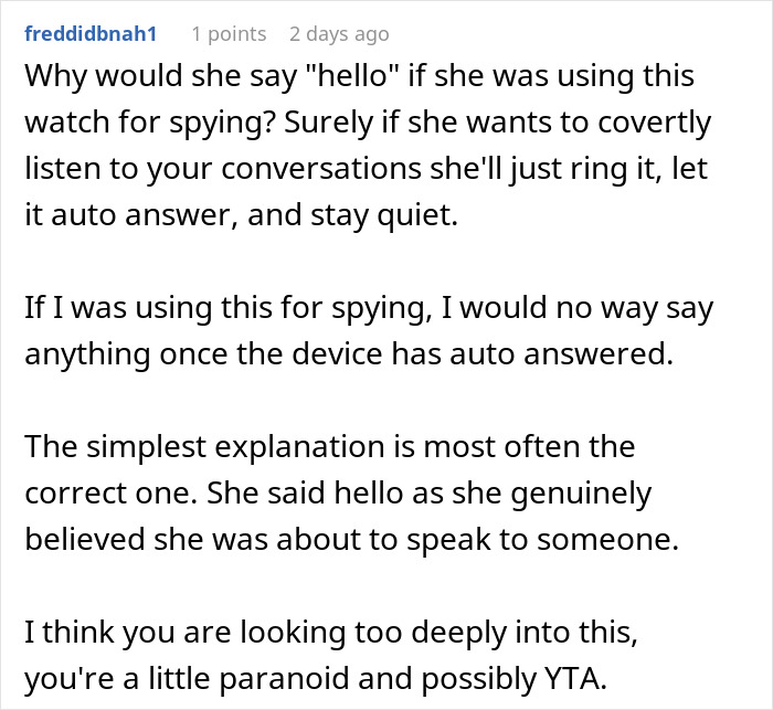 Discussion about woman using Gizmo Watch for spying on ex-husband, addressing intentions and misunderstandings.