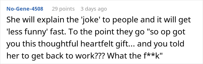 Reddit comment about a Secret Santa office joke gone wrong, involving a boss and HR.