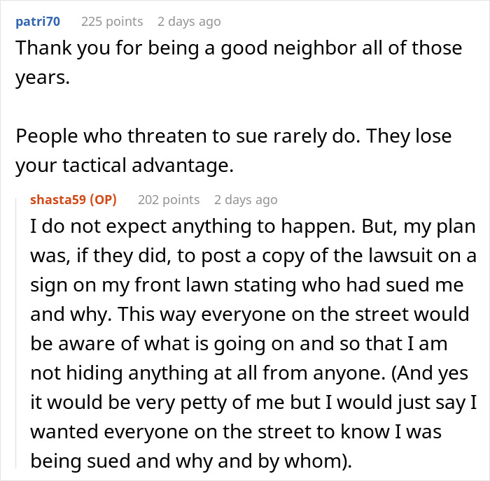 Reddit discussion about neighbors not thanking for snow shoveling, considering lawsuit actions.