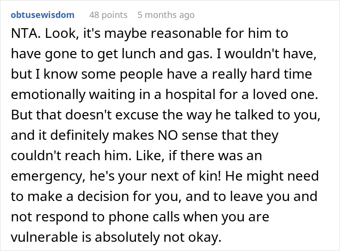 Comment discussing husband's defensiveness about leaving wife during surgery.