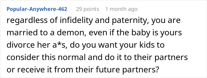 Reddit comment discussing infidelity, paternity issues, and advice on divorce.