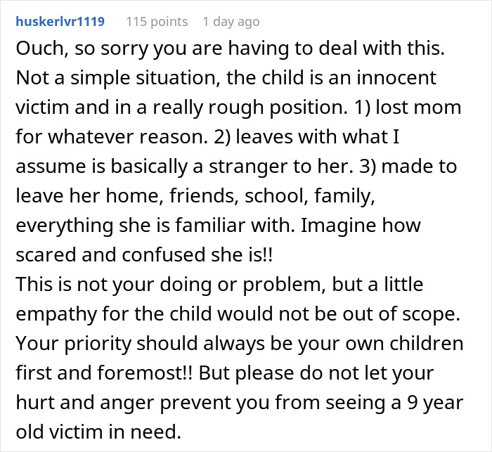 Comment discussing empathy for a child in a difficult situation involving a husband's affair baby.