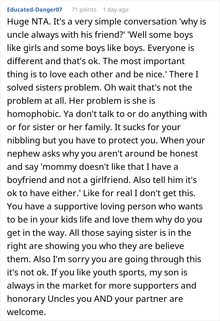 Social media post discussing refusing to babysit after sister's demand to exclude boyfriend from family events.