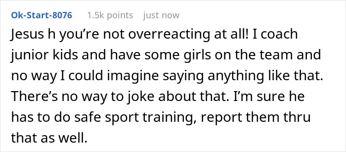 Online comment reacting to a coach's inappropriate texts, advising on safe sport training.