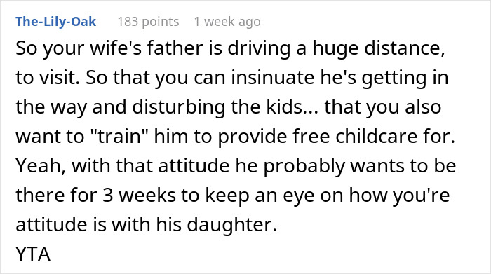 Comment discussing holiday season couple's fight over father-in-law's arrival time.