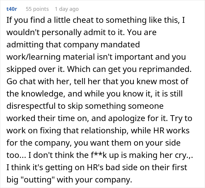 Reddit comment offering advice on handling HR issues caused by skipping work materials.