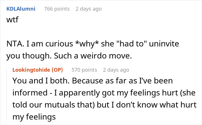 Reddit comments discussing a woman uninvited from a baby shower, questioning the reason behind the decision.