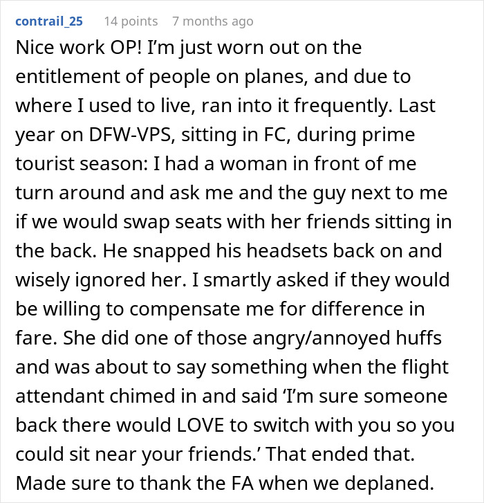 Text detailing an incident about an entitled plane passenger becoming upset over a denied seat swap request.