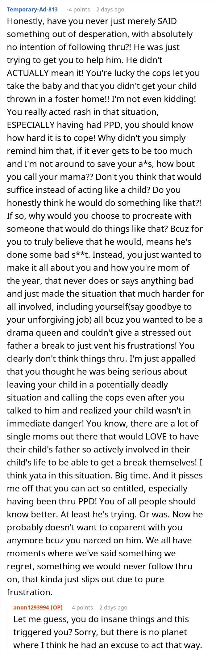 Reddit comments discussing a dad struggling to care for his baby and leaving her at his ex’s door.