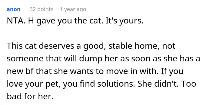 Comment discussing cat rehoming decision and its implications.