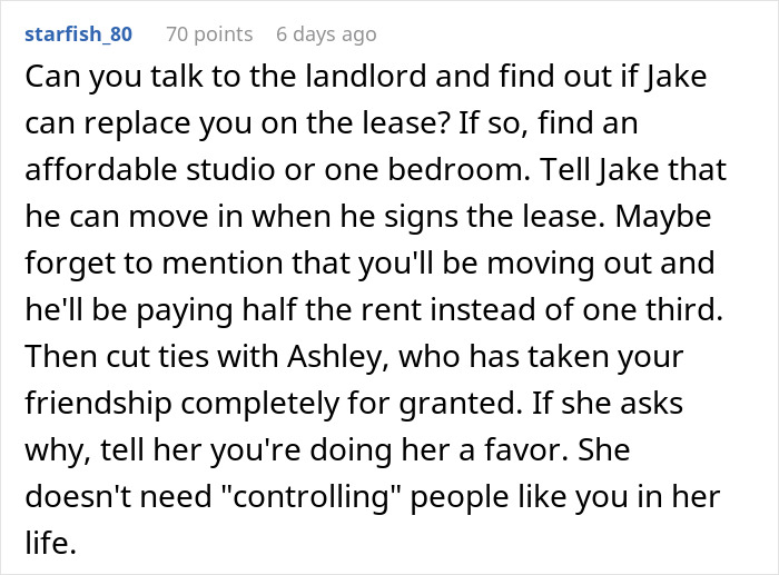 Text screenshot about refusing a roommate's controlling boyfriend from moving in.