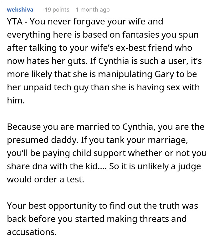 Reddit user commentary on a husband's decision after a wife's affair and paternity test refusal.