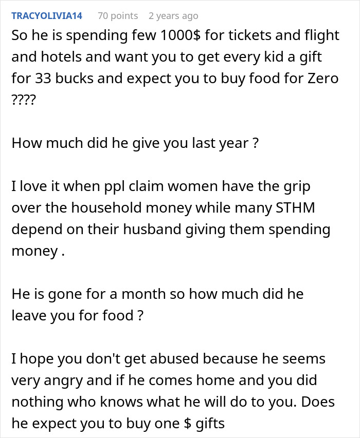 Social media post criticizing a husband for spending on vacation while limiting Christmas budget.