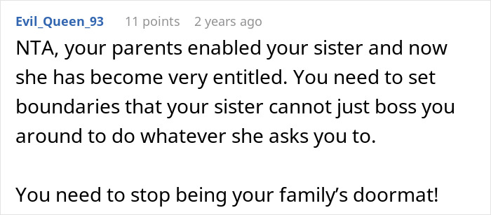 Text from a forum comment discussing boundaries and family dynamics related to babysitting and vacation.