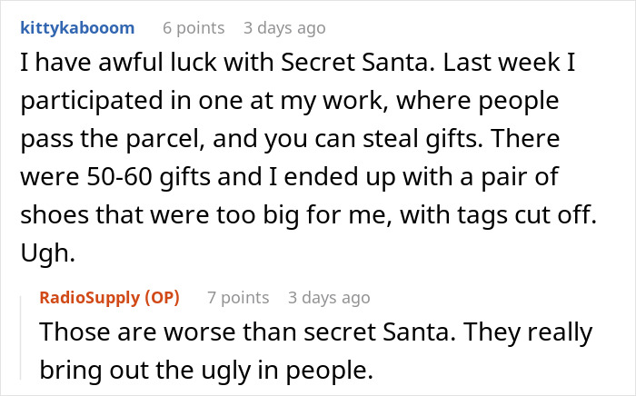 Reddit comments discussing a Secret Santa gift swap with humorous complaints.