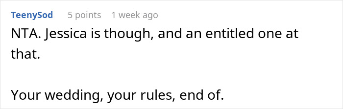 Reddit comment criticizing bride's actions at a child-free wedding.