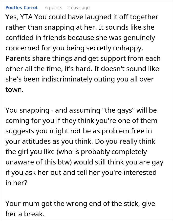 Screenshot of a Reddit comment discussing family drama over assumptions about sexuality.