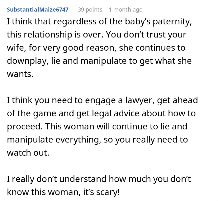 Text advice about a husband dealing with a cheating wife refusing a paternity test.