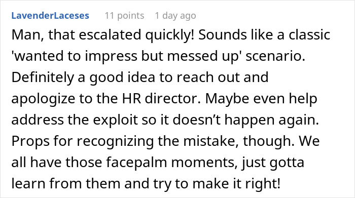 Comment discussing HR director's mental breakdown and advice on addressing mistakes professionally.