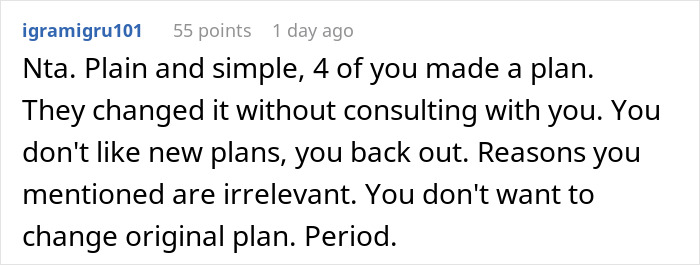 Reddit comment discussing a canceled Japan trip due to changed plans with friends.