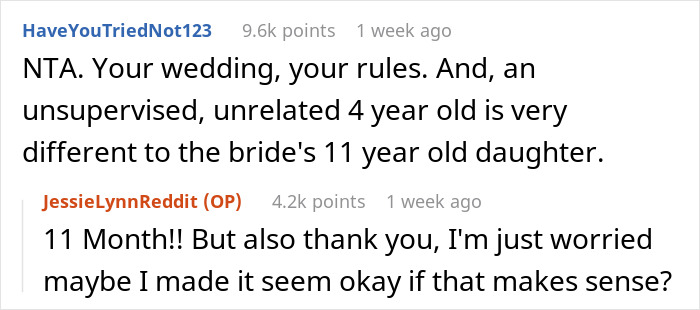 Reddit comments about an 11-month-old at a child-free wedding, with users discussing wedding rules.