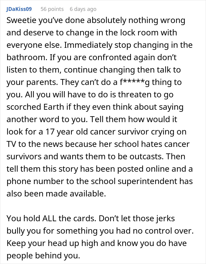 Text screenshot discussing a coach's advice for a teen to change in the bathroom, challenging the situation.