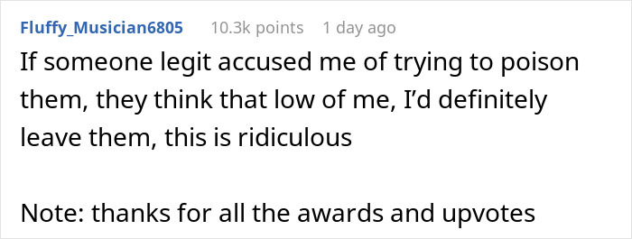 Reddit comment on accusation and trust issues in relationships, with username "Fluffy_Musician6805".