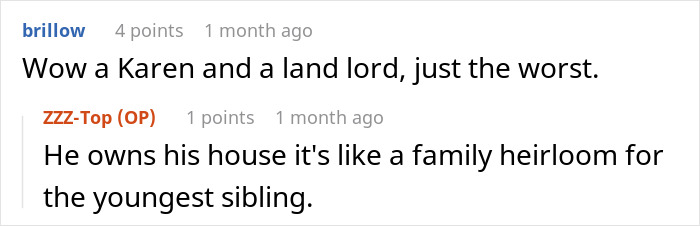 Reddit comment about "Karen," discussing landlord situations and family heirlooms.