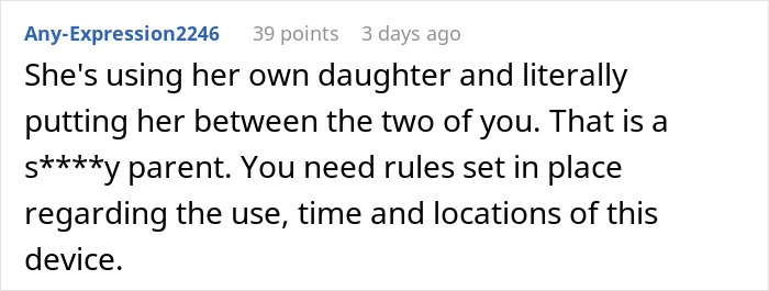 Text comment discussing parenting and device rules related to spying through a Gizmo watch.