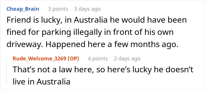 Comments discussing parking legally in driveways compared to Australia, highlighting legality differences and fines.