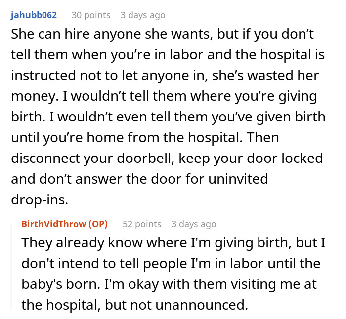 Reddit comment discussing birth privacy concerns and managing unannounced visits.