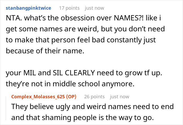 Comments discussing name shaming by MIL and SIL, focusing on emotional impact.