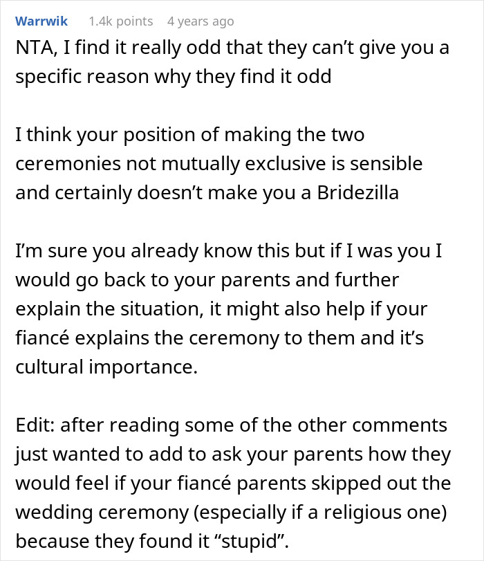 Reddit comment discussing bride's decision to ban parents over mocking fiancé's tradition.