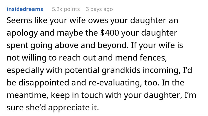 Text of a Reddit comment related to family dynamics and wedding stress.