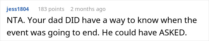 Reddit comment discussing communication about the end of an event related to a father-son birthday party.