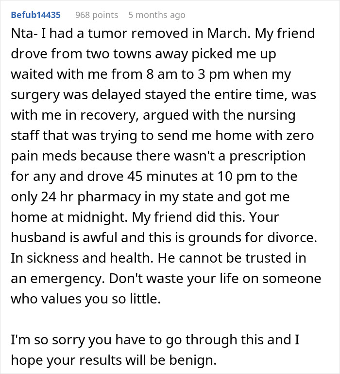 Reddit comment criticizing husband for leaving wife during surgery, emphasizing support from friends.