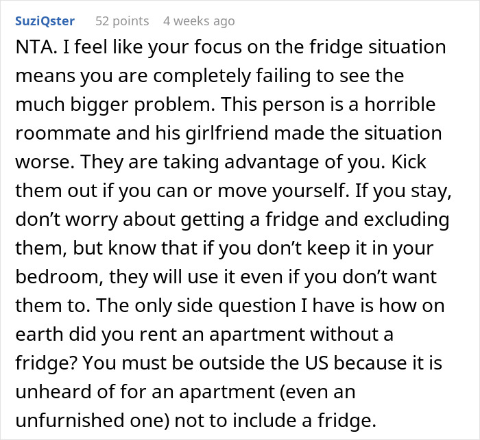 Comment about a difficult living situation with a roommate and his girlfriend.