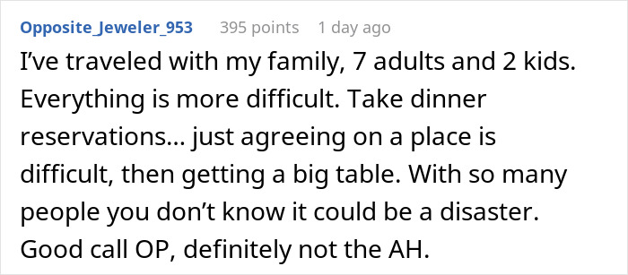 Comment about travel challenges with a large group, agreeing on dinner plans, and potential issues with strangers in Japan trip planning.